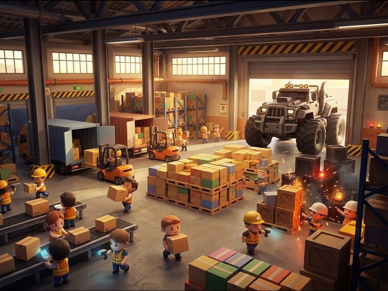 Kargo Merkezi oyunundan görüntü: bantlar, işçiler, forklift ve tır